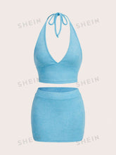 Women's Blue Halter Top & Skirt Set